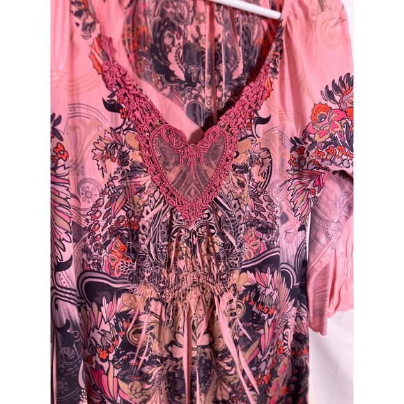 VTG Y2K Heart Print Tunic Shirt Women’s Medium | Coquette Flowy Crochet Top - Picture 2 of 6